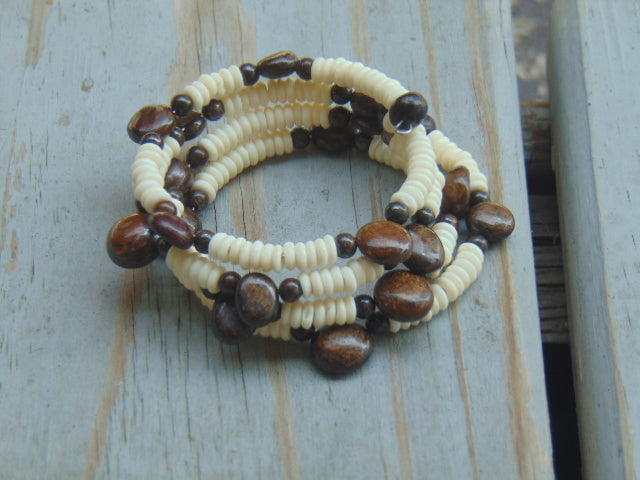 Shell and Bronzite Memory Wire Bracelet