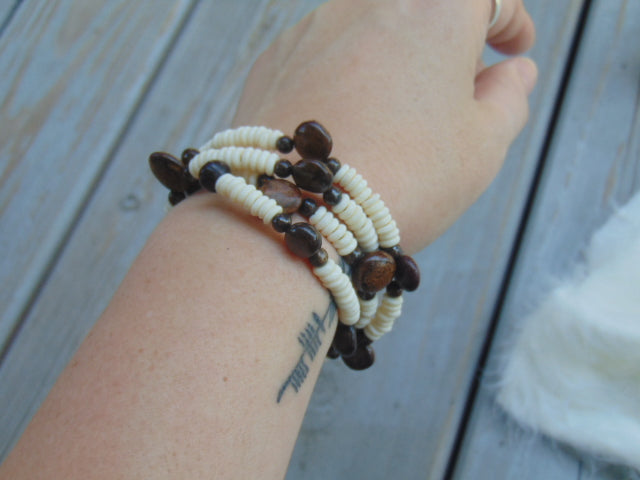 Shell and Bronzite Memory Wire Bracelet