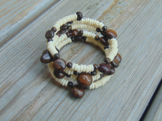 Shell and Bronzite Memory Wire Bracelet