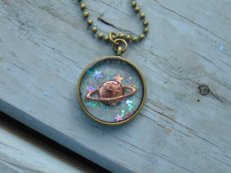 Enchanted Galaxy Coppery Saturn Necklace