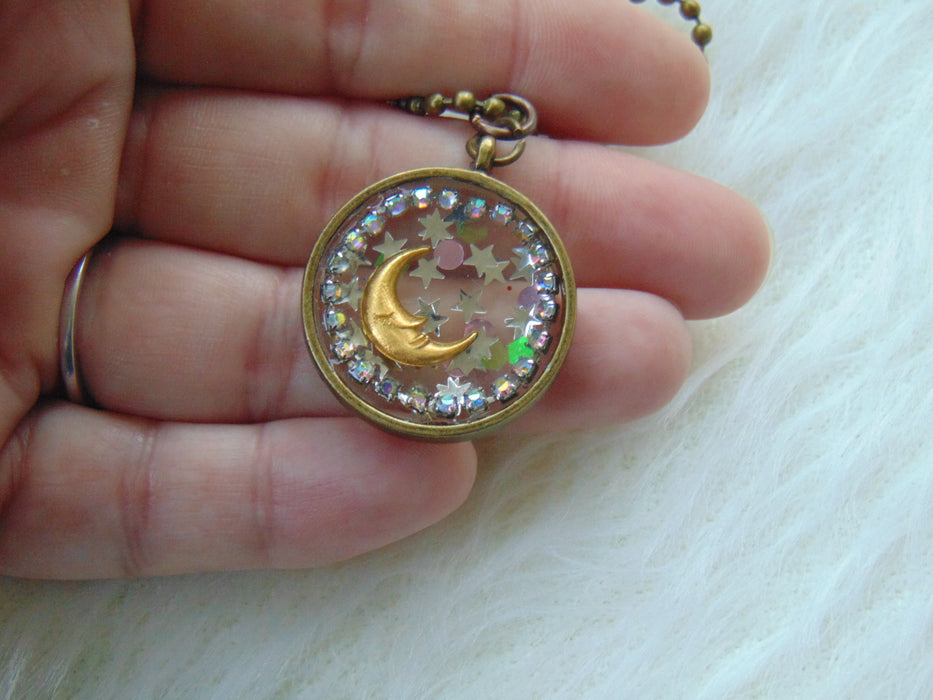 Enchanted Galaxy Sparkly Moon Necklace